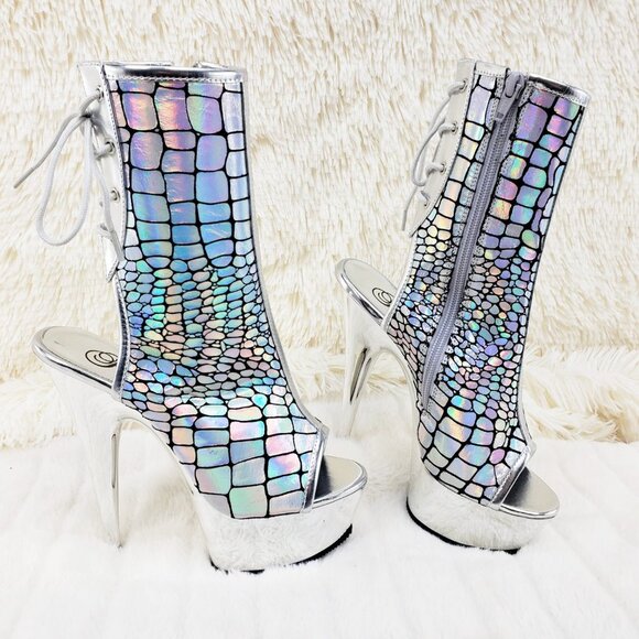 Brand New Delight 1018HG Sexy Silver Hologram Platform Heels Ankle Boots - Picture 11 of 16
